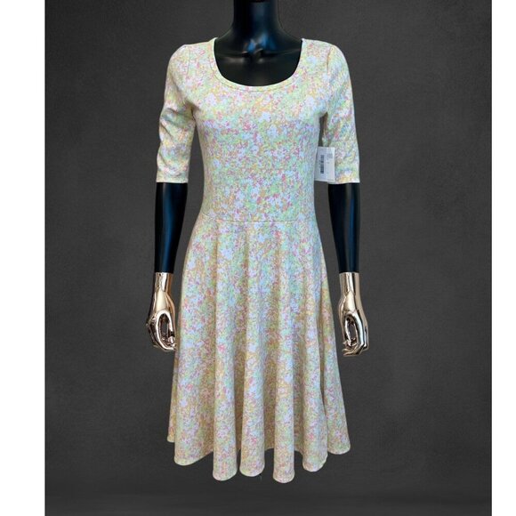 NWT LuLaRoe Nicole Pastel Floral Print Fit & Flare Dress Yellow Pink Green SZ M - Picture 1 of 6